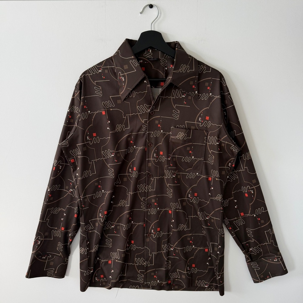 Vintage Joel Cal-Made Brown Abstract Geometric Print 70s Polyester Shirt Large